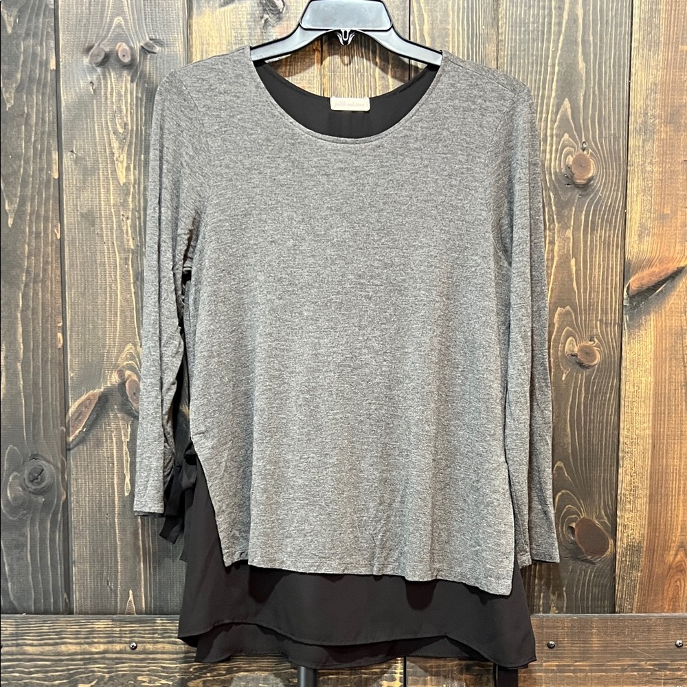 Pebble & Stone Grey Black Layered Tunic Top XL Soft Stretch Lagenlook Minimalist